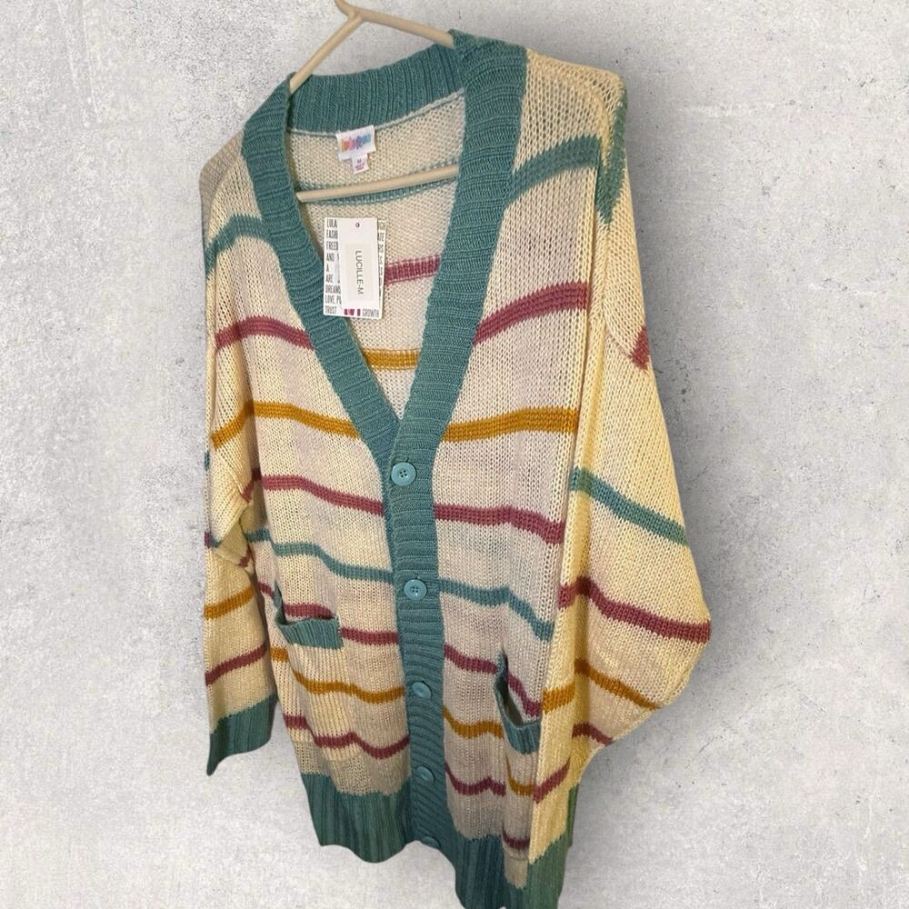 LuLaRoe Knit Lucille Cardigan Sweater Multicolor  Stripes Size Medium NWT
